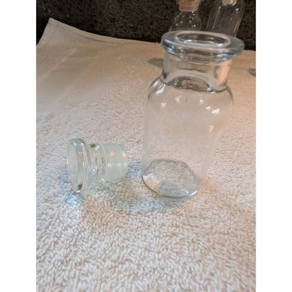 6 Vintage Clear Glass Apothecary Spice Jars/Bottles w/Stoppers Wagner Japan